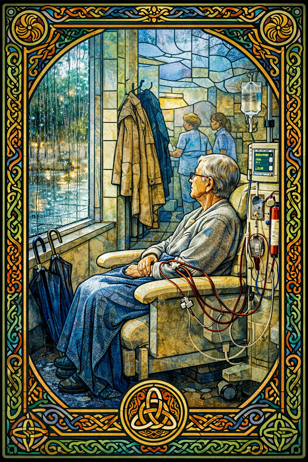 Umbrellas. Flowers. Puddle.