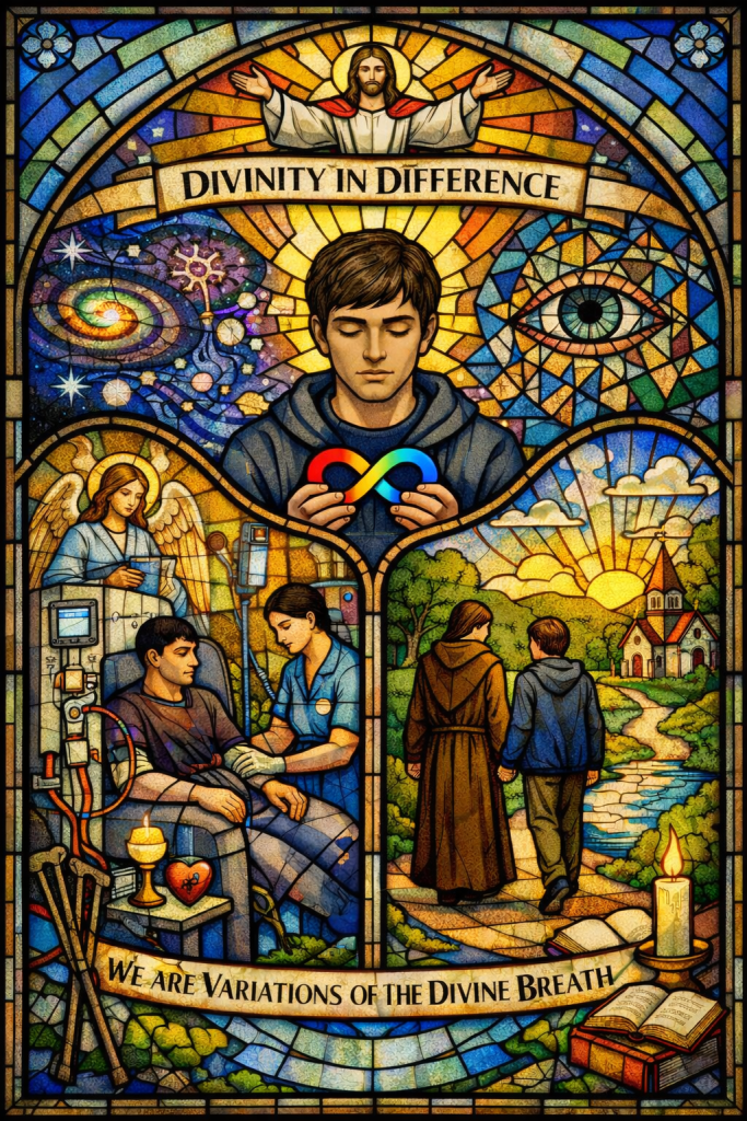 A large stained-glass window in rich jewel tones titled “Divinity in Difference.” At the top, Christ stands with arms outstretched in blessing beneath a golden halo and radiant light. In the center panel, a young person with closed eyes gently holds a rainbow infinity symbol, representing neurodiversity, surrounded by cosmic imagery—stars, planets, and intricate geometric patterns. The lower left panel shows a dialysis scene: a dark-haired patient seated in a medical chair connected to a dialysis machine while a nurse carefully tends to their arm. An angel stands nearby reading from a book. A candle, a heart symbol, and medical equipment appear at the patient’s side, suggesting sacred ritual within medical care. The lower right panel depicts a monk and a young person walking together along a winding path beside a river toward a small church at sunset, symbolizing spiritual companionship and steady routine. At the bottom of the window, a banner reads, “We Are Variations of the Divine Breath.”