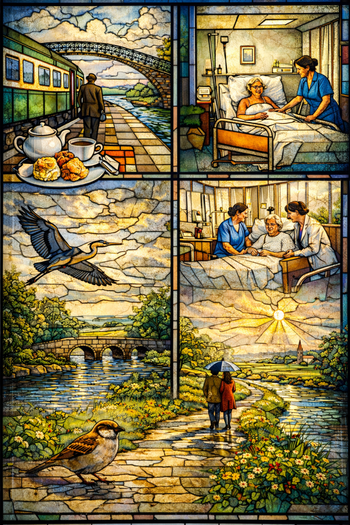 A four-panel stained glass artwork depicting scenes of rural Irish life and quiet grace. In the top left panel, a man steps off a green and cream train beside a river and stone footbridge, with a tea set and fresh scones arranged in the foreground. In the top right panel, a smiling elderly woman lies in a hospital bed while a nurse gently holds her hand in a softly lit ward. The bottom left panel shows a heron in flight over a stone bridge crossing a reflective river, surrounded by green countryside. In the bottom right panel, two figures walk under a shared umbrella along a winding riverside path toward a distant church steeple, as golden sunlight breaks through the clouds. A sparrow stands in the foreground among wildflowers. The entire piece is rendered in textured, jewel-toned glass with dark lead lines dividing the panels.
