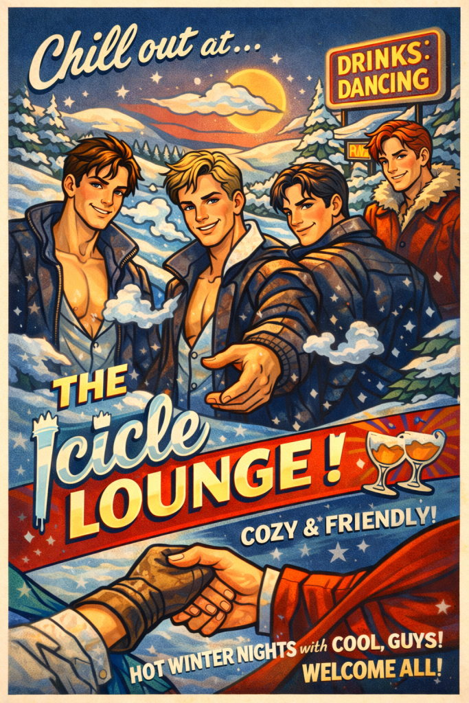1950s-style vintage poster for “The Icicle Lounge” showing four smiling young men in a snowy sunset scene, one extending his hand while two gloved hands clasp in the foreground. Retro lettering advertises drinks, dancing, and “Hot Winter Nights,” with warm reds and golds contrasting icy blues.