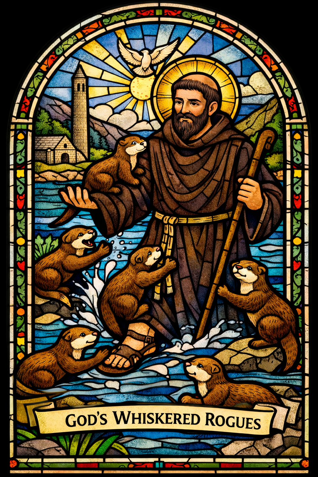 Stained-glass window of Saint Kevin standing in water at Glendalough, surrounded by playful otters, with a golden halo and dove above, and a banner reading “God’s Whiskered Rogues.”