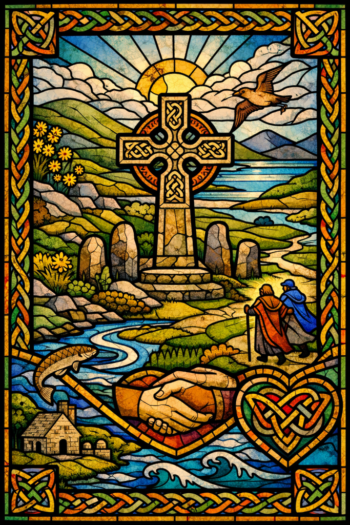 A richly colored stained-glass window in Celtic style. At the center stands a tall stone high cross adorned with intricate knotwork, set against rolling green hills, a rising golden sun, and a blue lake. Golden gorse flowers bloom among grey stones in the foreground, while a curlew flies across the sky. Two cloaked pilgrims walk along a winding path toward the cross. A river curves through the landscape, with a fish leaping from the water near a small stone chapel. At the bottom, two hands clasp in a gesture of unity beside a heart-shaped Celtic knot. The entire scene is framed with interwoven Celtic patterns in deep greens, blues, golds, and warm amber tones.