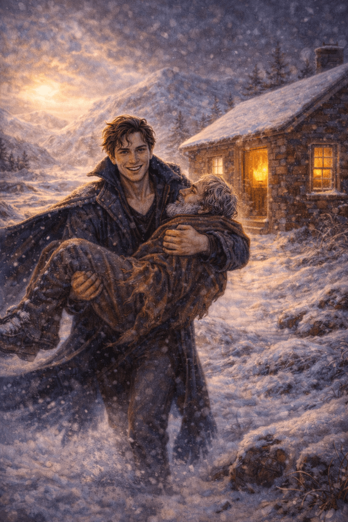 A young man with windswept dark hair carries an older, exhausted traveler through heavy snowfall toward a warmly lit stone cottage. The young man wears a dark winter coat and smiles with steady determination despite the storm. Snow swirls around them, and golden light from the cottage windows glows against the cold blue tones of the snowy valley and distant mountains. The scene conveys warmth, protection, and boldness in the midst of winter.