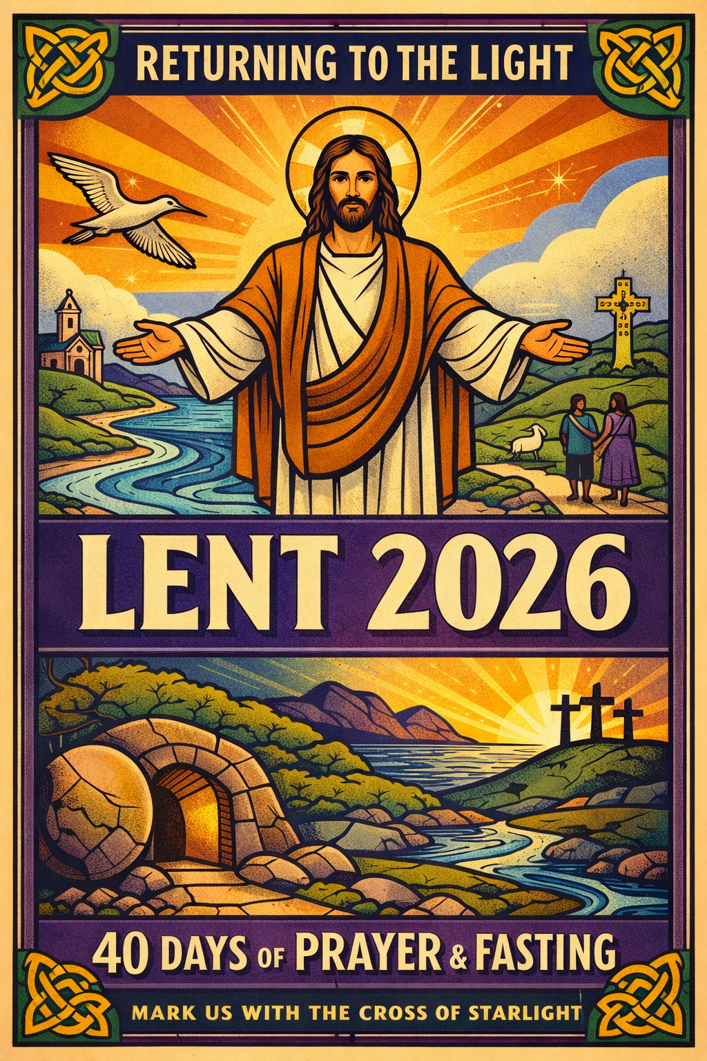 A two-panel digital painting titled 'Returning to the Light.' The top panel shows a figure in white robes standing by a winding river under a golden sky. The bottom panel shows three distant crosses on a hill at twilight, with light beginning to glow from within an open stone tomb in the foreground.