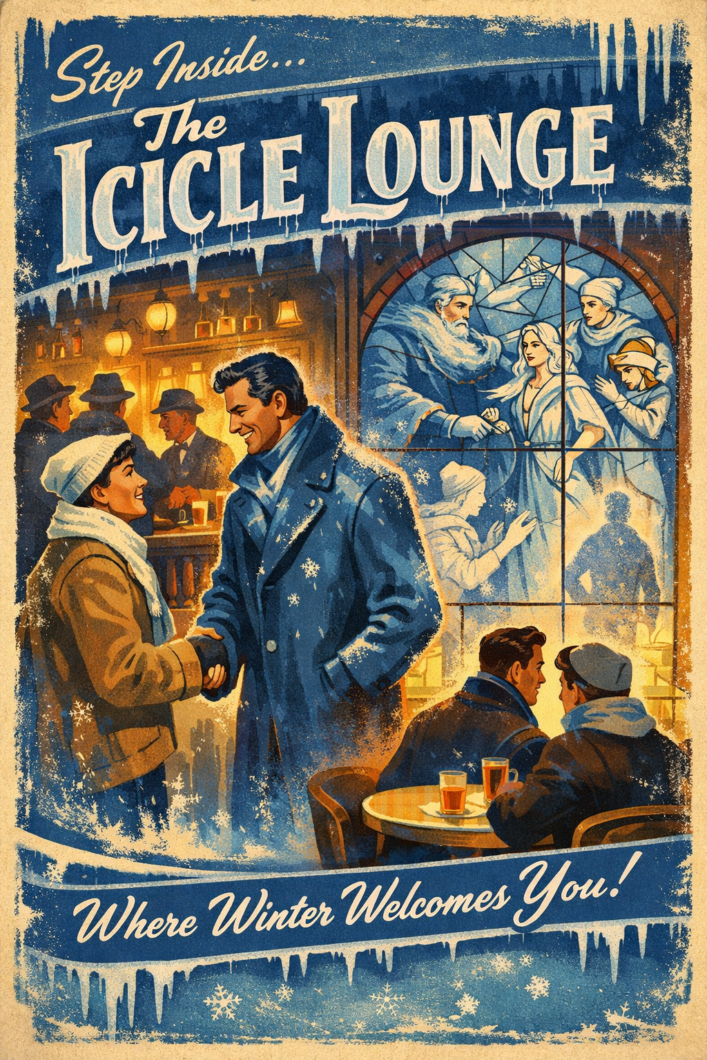 Alt-text: A 1950s-style illustrated poster titled “The Icicle Lounge” in large, frosted lettering dripping with icicles across the top. The color palette blends icy blues and whites with warm amber and gold tones. In the foreground, two men in winter coats shake hands warmly—one in a deep blue coat dusted with snow, the other in a tan coat and knit cap—both smiling. Behind them, a cozy bar glows with hanging amber lamps while several men in dark overcoats chat softly. To the right, a stained-glass window depicts four mythic winter figures in flowing blue-white garments, with a faint fifth silhouette forming near the bottom. At the lower right, two men sit at a small round table with drinks, leaning toward each other in quiet conversation. Snowflakes and frosty textures frame the border, and a retro script at the bottom reads, “Where Winter Welcomes You!”