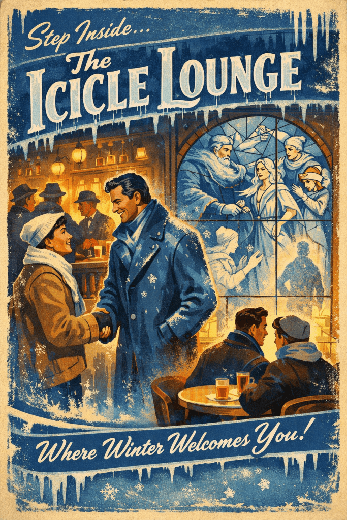 Alt-text: A 1950s-style illustrated poster titled “The Icicle Lounge” in large, frosted lettering dripping with icicles across the top. The color palette blends icy blues and whites with warm amber and gold tones. In the foreground, two men in winter coats shake hands warmly—one in a deep blue coat dusted with snow, the other in a tan coat and knit cap—both smiling. Behind them, a cozy bar glows with hanging amber lamps while several men in dark overcoats chat softly. To the right, a stained-glass window depicts four mythic winter figures in flowing blue-white garments, with a faint fifth silhouette forming near the bottom. At the lower right, two men sit at a small round table with drinks, leaning toward each other in quiet conversation. Snowflakes and frosty textures frame the border, and a retro script at the bottom reads, “Where Winter Welcomes You!”