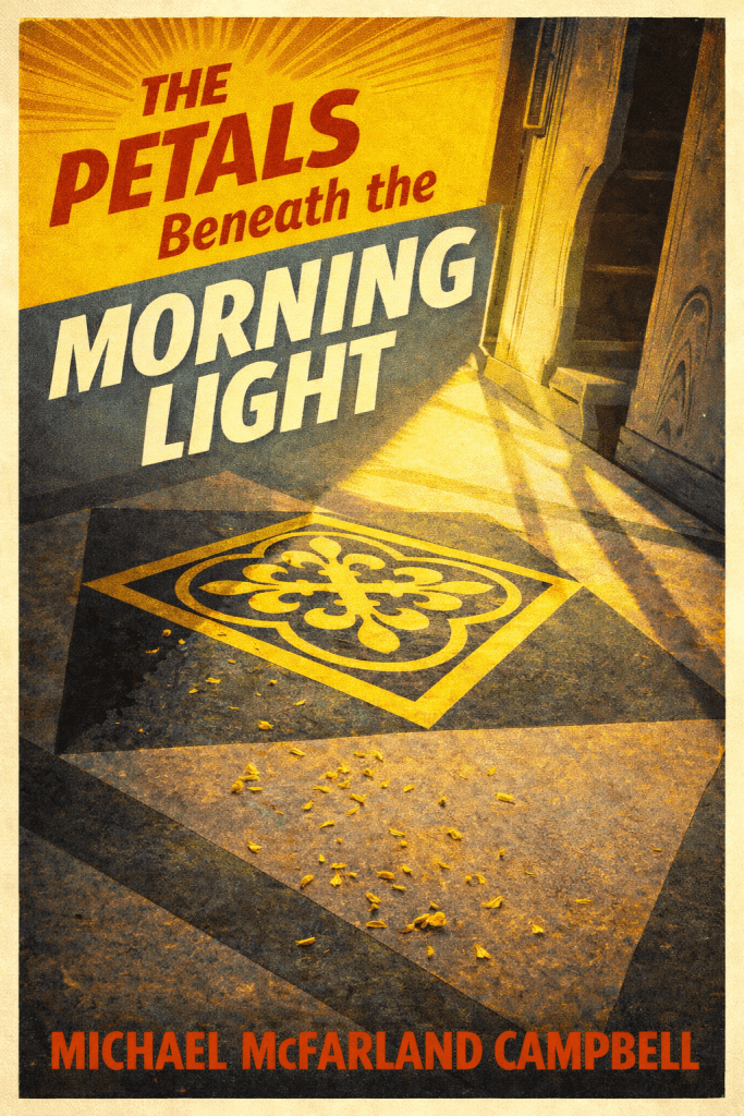 A 1950s-style vintage poster book cover showing yellow flower petals scattered across patterned stone tiles lit by morning sunlight, with bold retro typography reading “The Petals Beneath the Morning Light” by Michael McFarland Campbell.