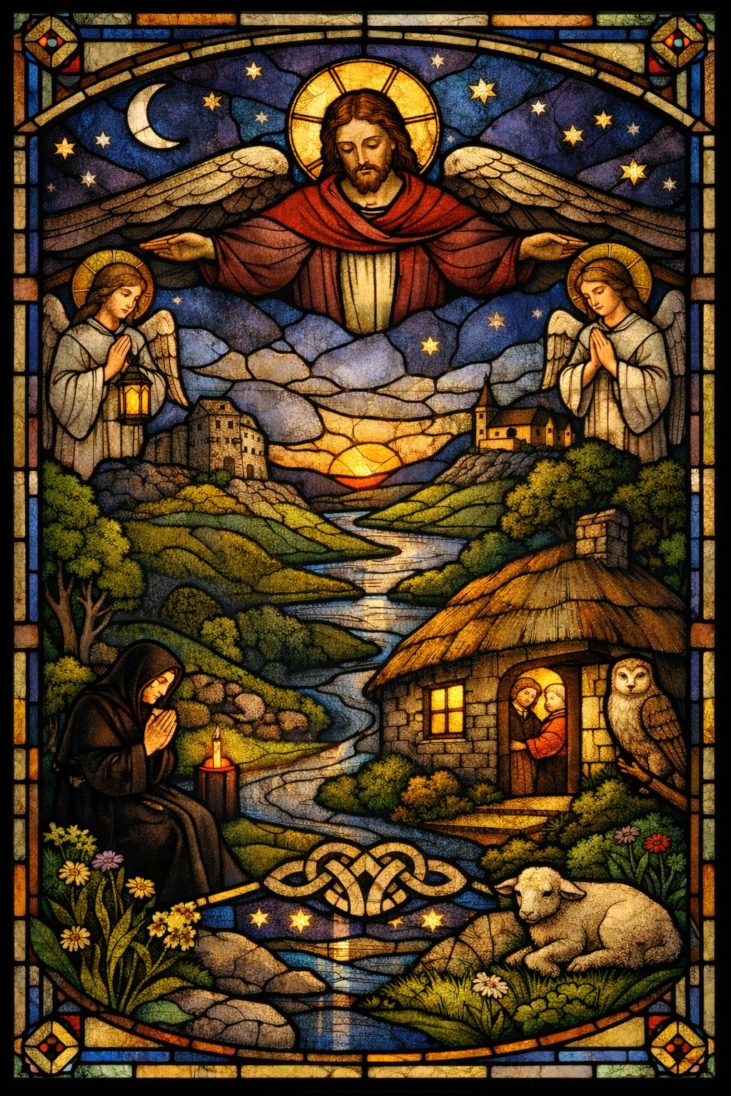 Stained glass of Christ sheltering night prayer: monk in black habit, angels, Irish landscape at dusk.