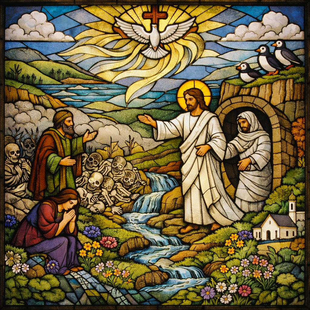 Stained glass of Spirit dove, Ezekiel’s dry bones, Jesus raising Lazarus, with Irish cliffs, waterfall, and puffins.