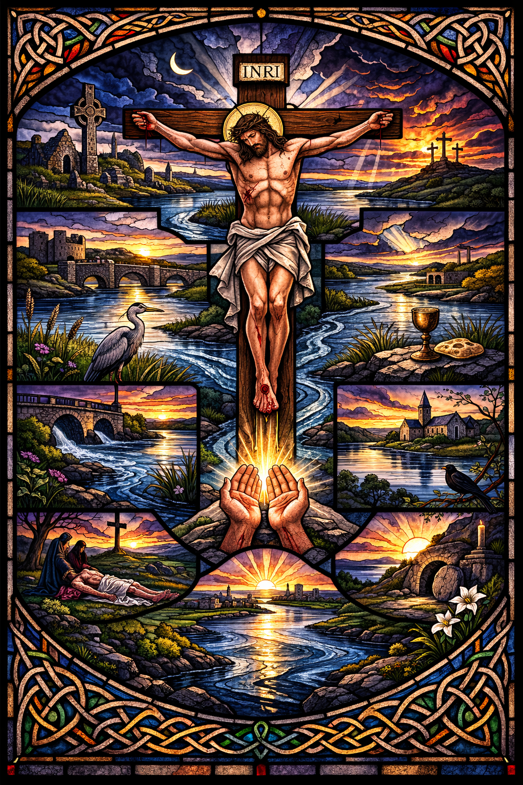 Stained glass crucifixion over the River Shannon, with heron, Irish churches, Celtic crosses and sunset.
