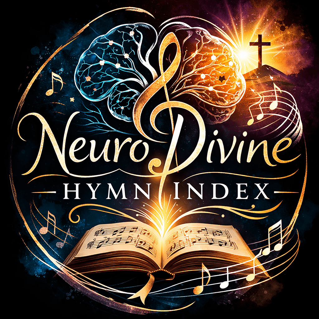 Circular NeuroDivine Hymn Index logo featuring a glowing open hymn book, musical notes, a treble clef shaped like a brain, and a cross in radiant light. ✨🎶📖