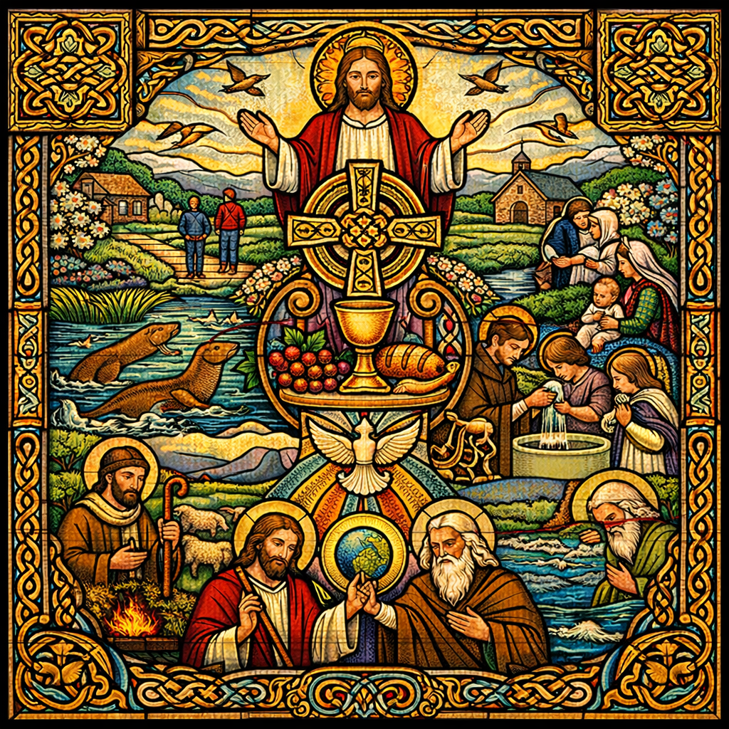 Celtic stained-glass style image of Christ, Irish fields, baptism, and Eucharist with Book of Kells knotwork.