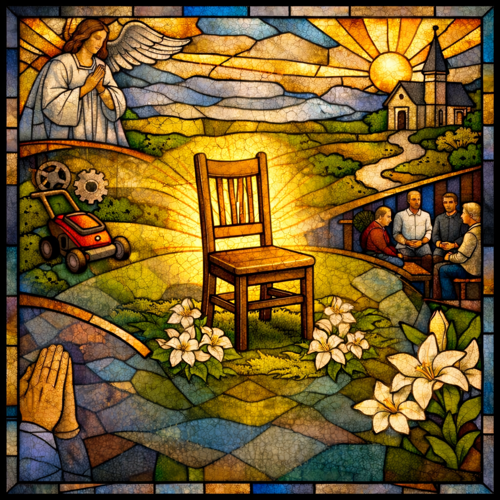 Square stained-glass style memorial image showing an empty wooden chair glowing with warm golden light in the centre, surrounded by white lilies. An angel in prayer appears in the upper left, while a small church with a path leading to it sits under a bright sun in the upper right. At the lower left are clasped praying hands and a red lawnmower with gears, and at the lower right a small group of people sit together in quiet conversation. The scene is framed by colourful leaded glass panels in blues, greens, and golds.