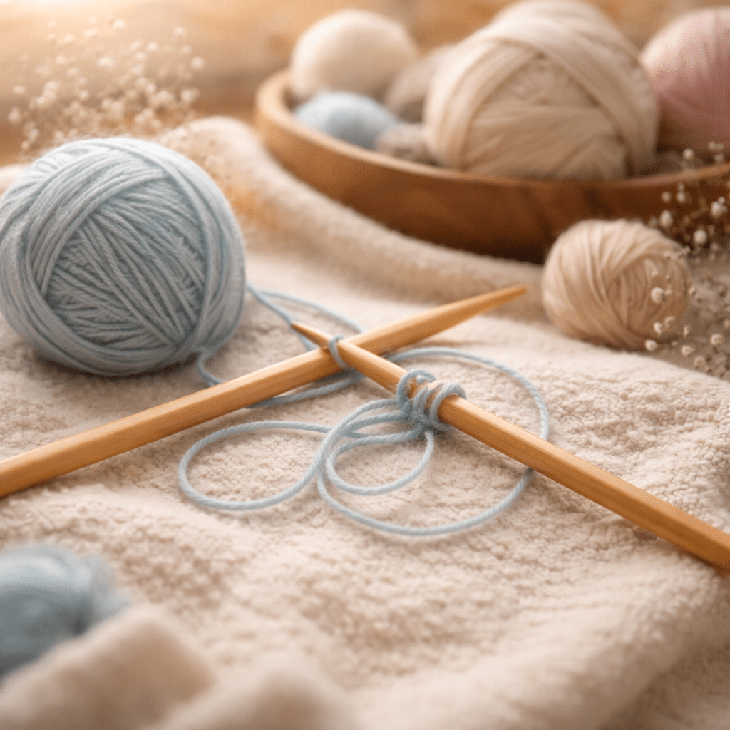 Wooden knitting needles crossed on a soft blanket with loose blue yarn, no stitches yet, gentle light and calm setting