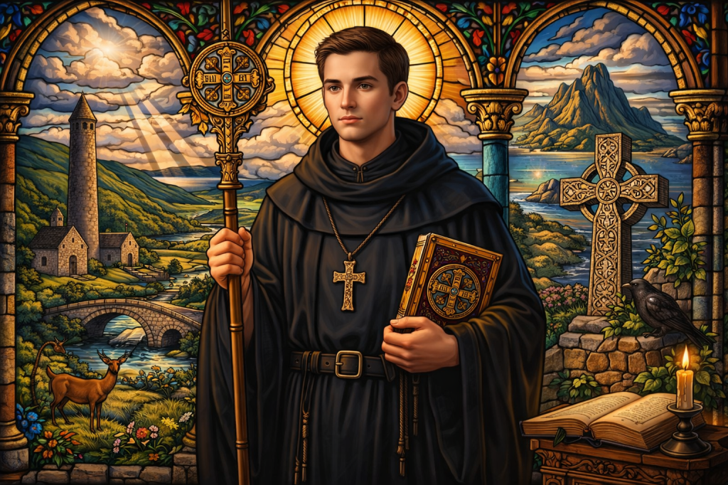 A stained-glass image of a youthful Saint Benedict in a black monastic habit, holding a staff and book, set against Irish landscapes with a round tower, Celtic cross, river, deer, and mountains, all framed in warm golden light