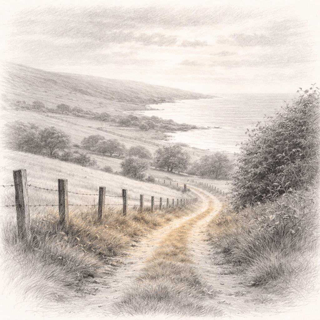 Monochrome pencil sketch of Irish coastal path with faint golden light softly tracing the way