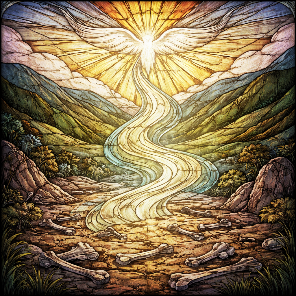 Square stained glass of a valley with scattered bones, golden light flowing like breath, and a radiant dove above bringing gentle renewal and life.