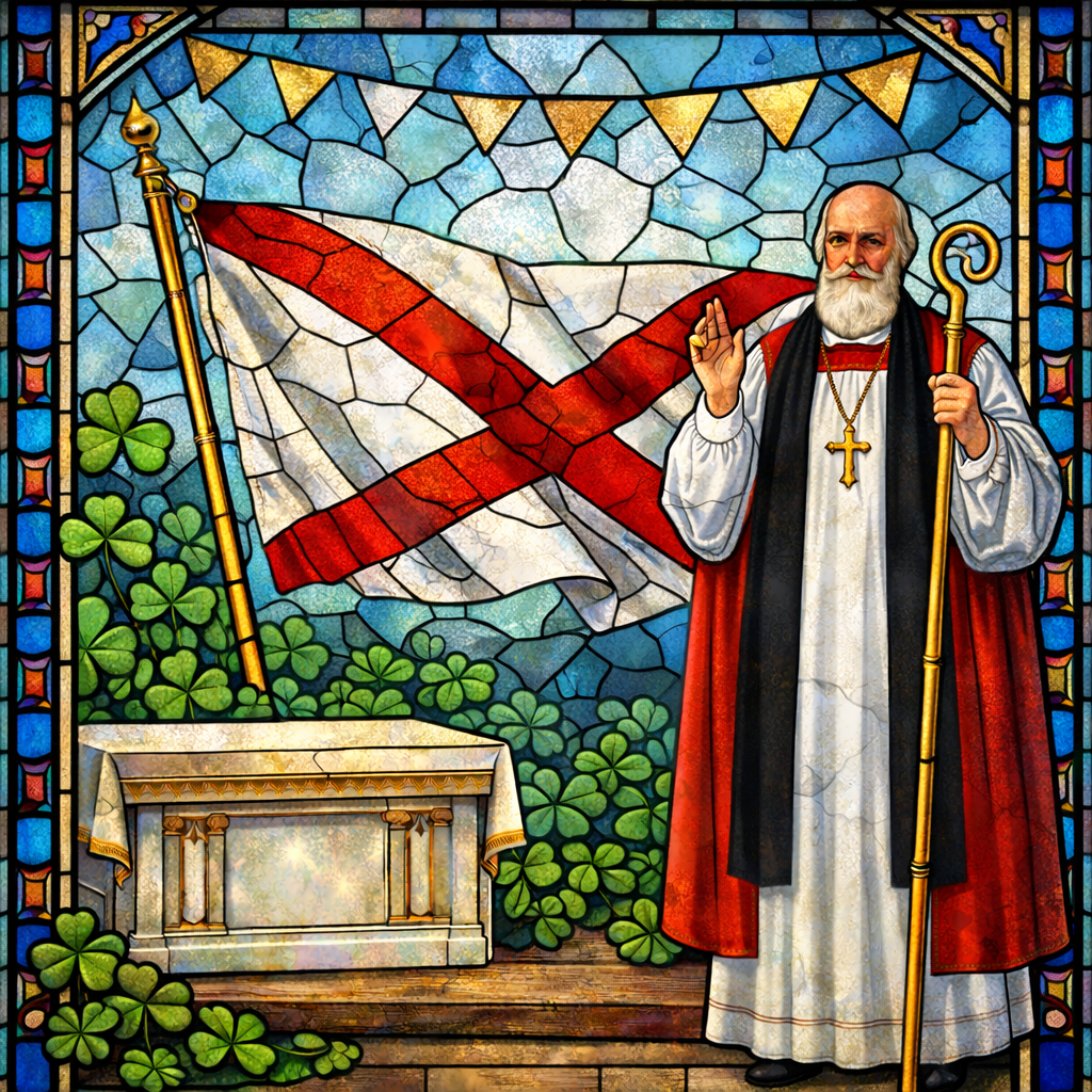 St Patrick dressed as an Anglican bishop next to a Holy Table with a St Patrick’s Cross flag beside him in stained glass style