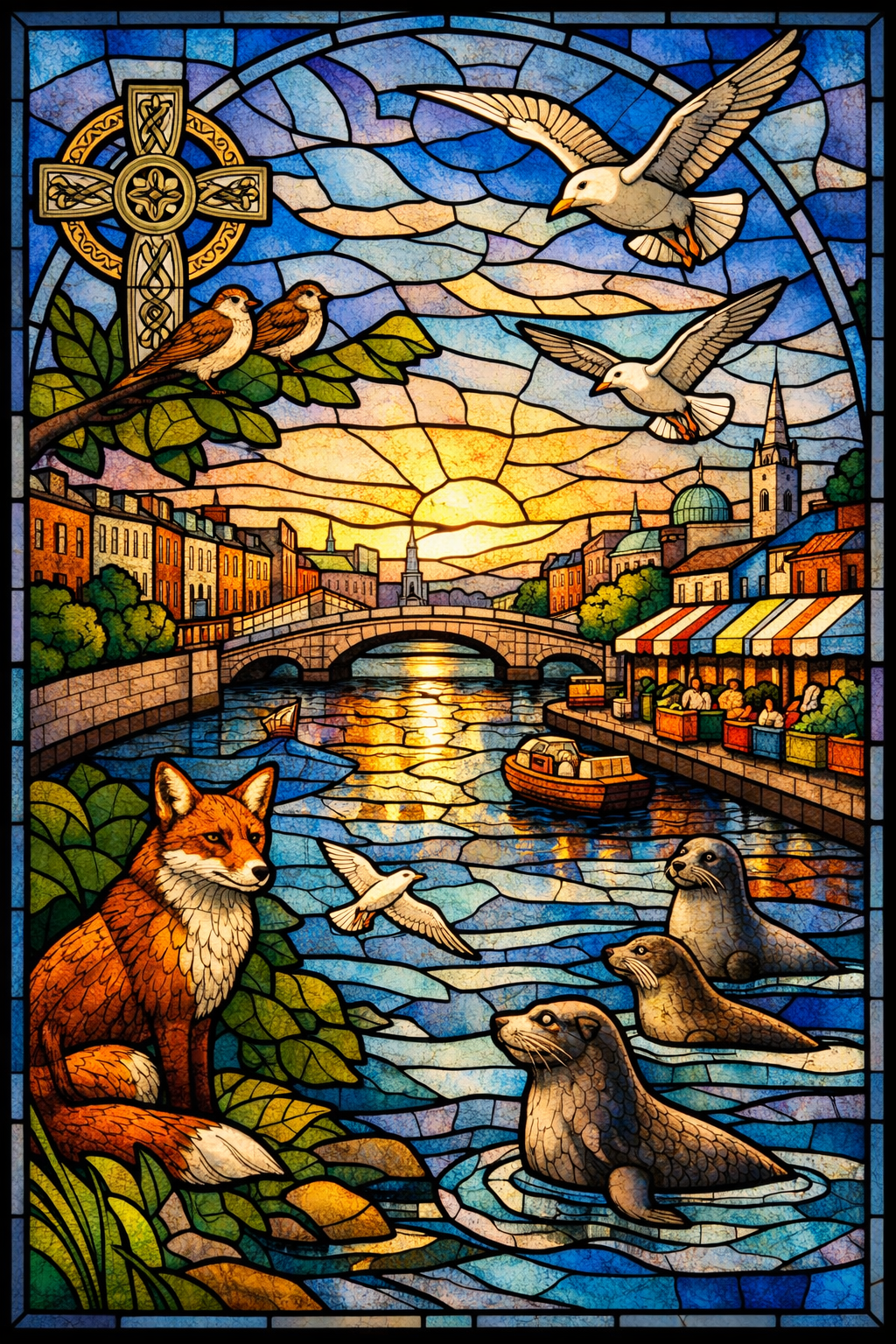 Stained-glass window of Dublin: River Liffey, bridge, fox, seals, gulls and sparrows beneath a Celtic cross at sunset.