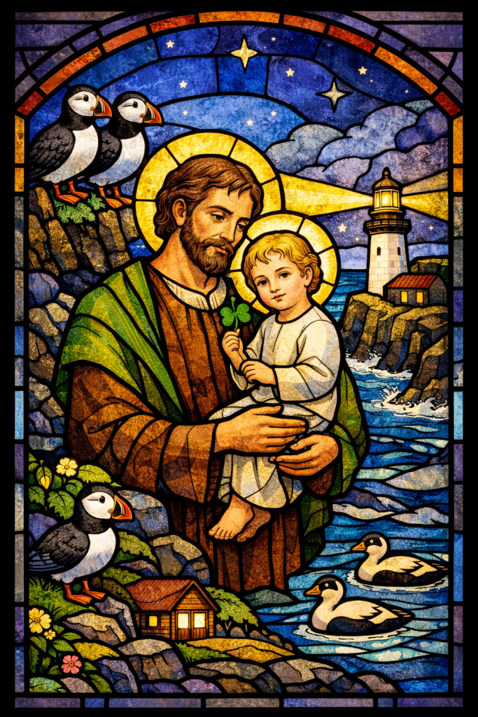 St Joseph holding Christ Child with shamrock; puffins, eiders and lighthouse on Rathlin in Irish stained glass.
