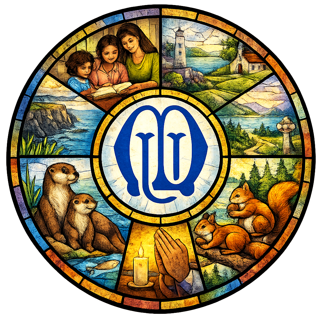 Circular stained-glass window with Mothers’ Union badge, otters, squirrels, Irish landscapes and prayer scenes.