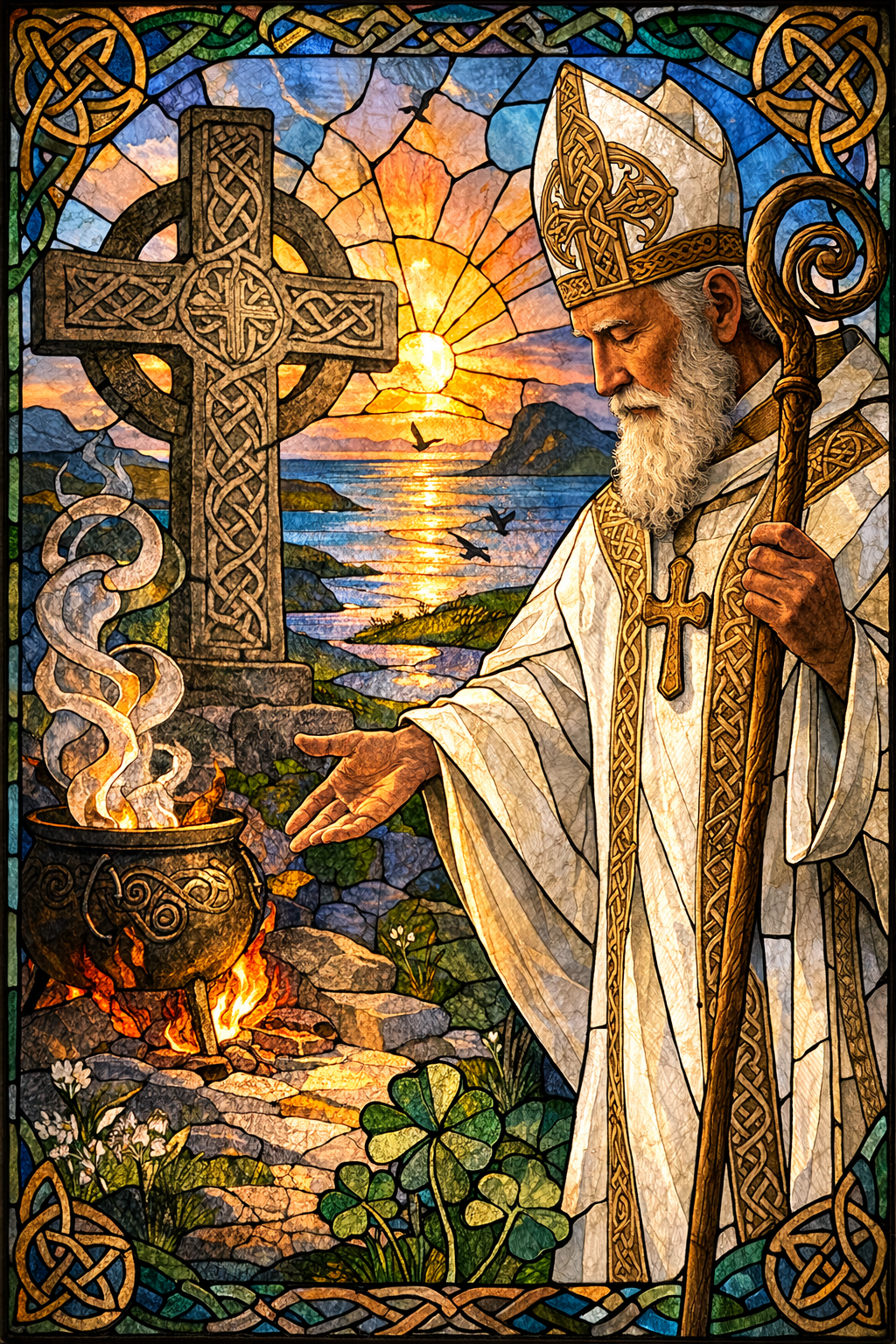 St Patrick in white robes by a Celtic cross, blessing a fire beside the Irish sea at sunrise, stained glass style.