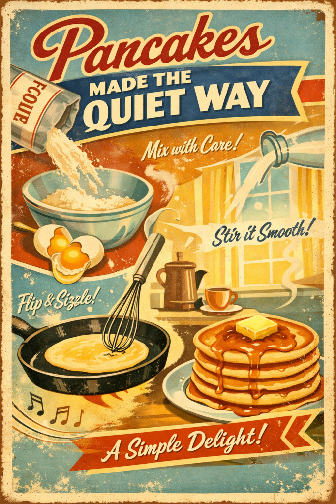 Vintage-style illustration promoting pancakes, featuring ingredients like flour, eggs, and a mixing bowl, with instructions to mix, stir, flip, and serve. Includes stacked pancakes with syrup and butter on a plate.