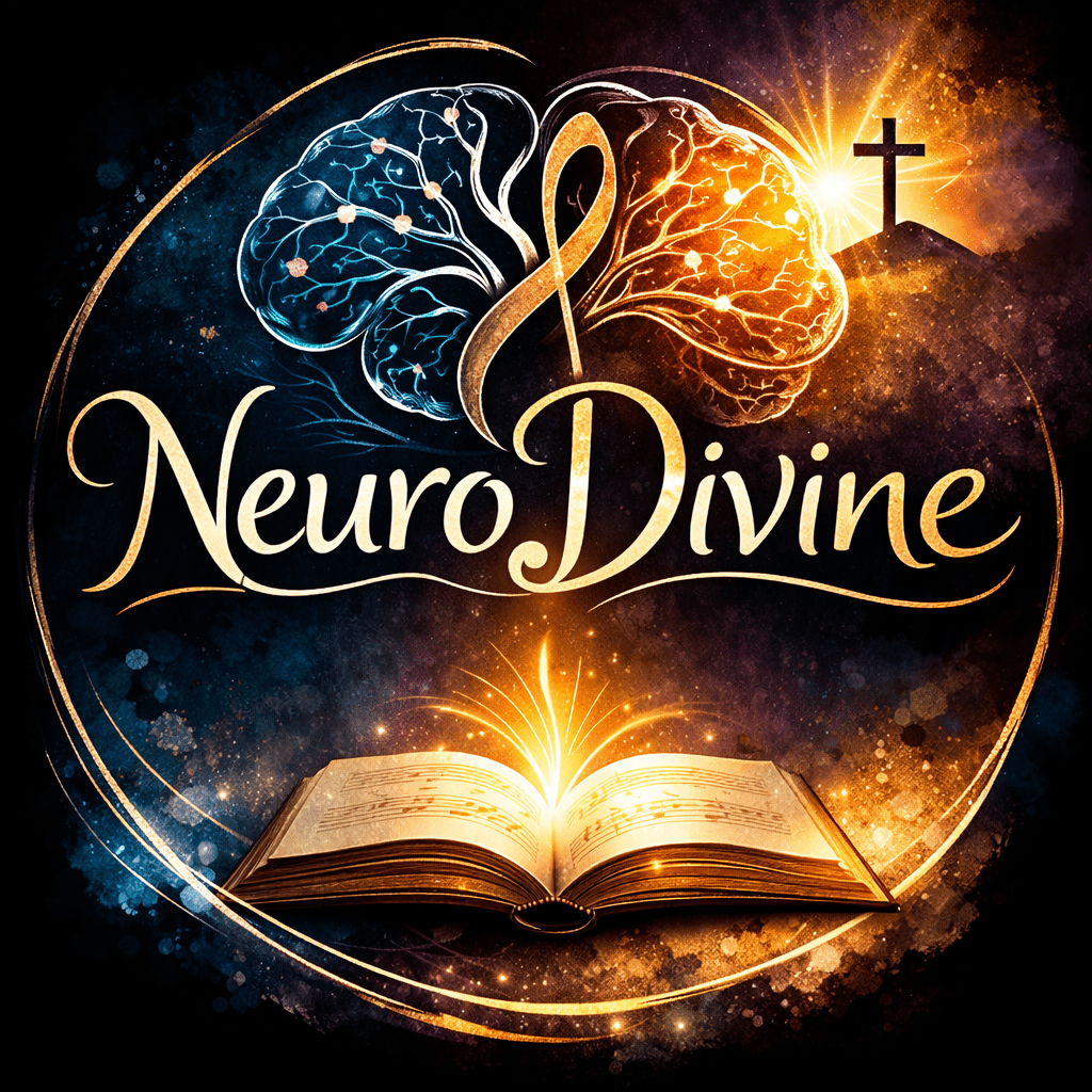 Circular NeuroDivine logo with a glowing open book, stylised brain above it symbolising neural connection, and a radiant cross on a hill in the background. ✨📖🧠✝️