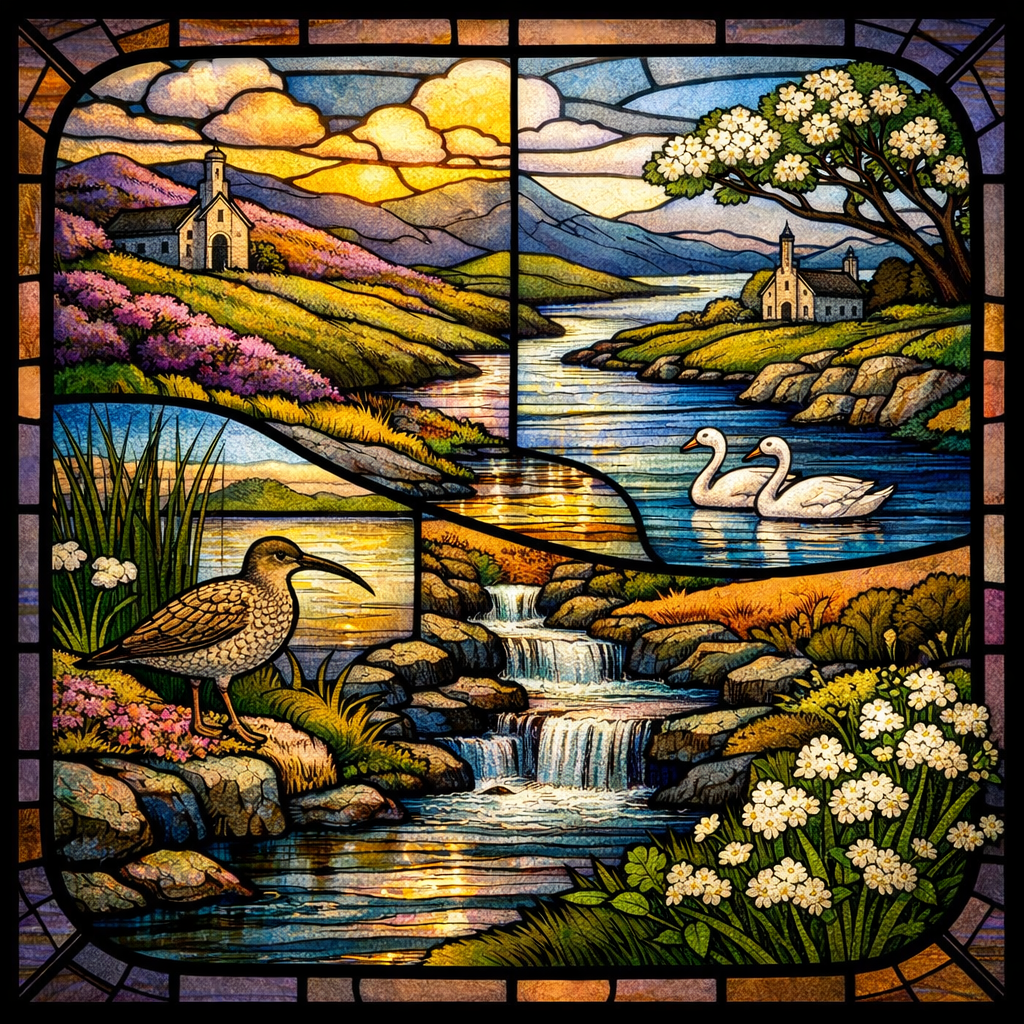 Celtic-style stained glass of Irish hills, river, swans, curlew, hawthorn, and wildflowers.