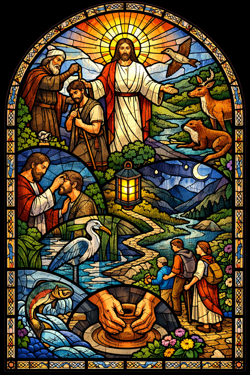Stained glass of Christ blessing people, healing the sick, amid rivers, wildlife, and pilgrims.