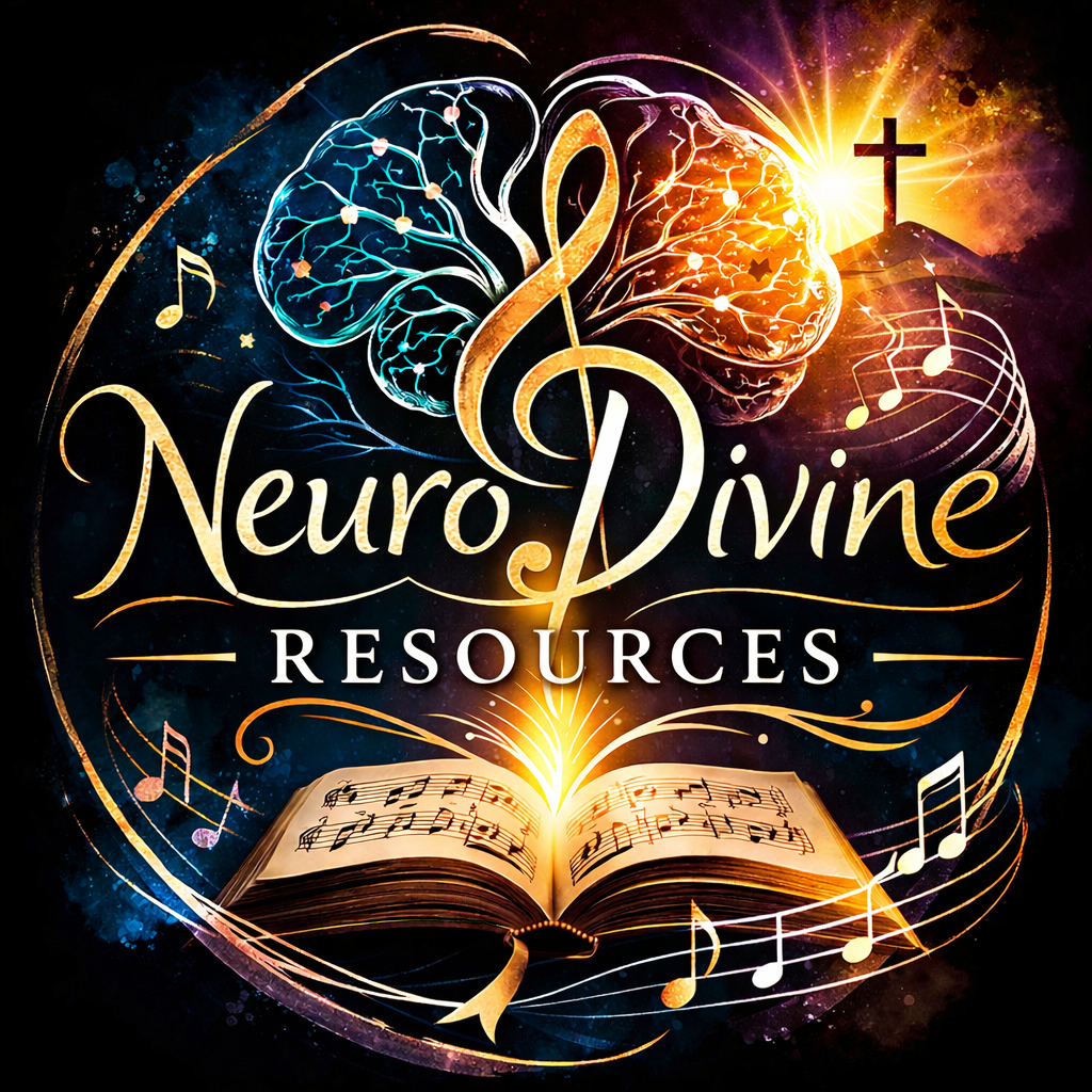 NeuroDivine logo with glowing book, musical notes, brain-treble clef, cross, and the word “Resources”.
