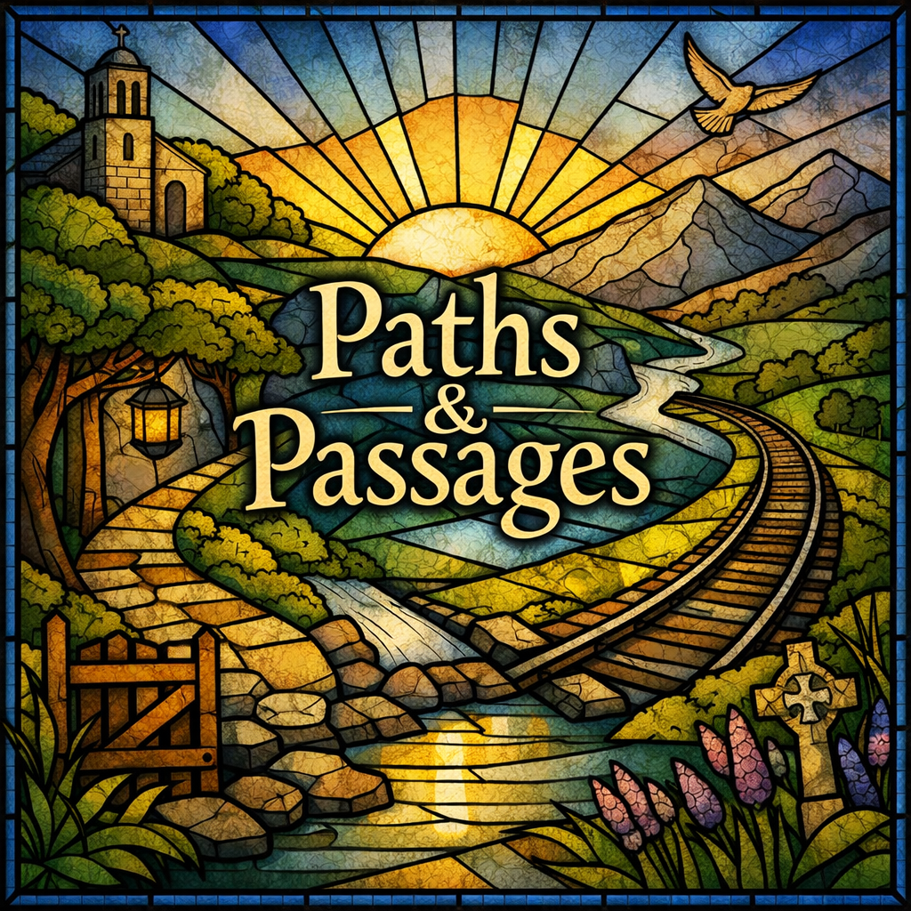 Square stained-glass image titled “Paths & Passages”: sunrise over hills, winding road and railway, river, church, Celtic cross, lantern and flowers in rich gold and blue tones.