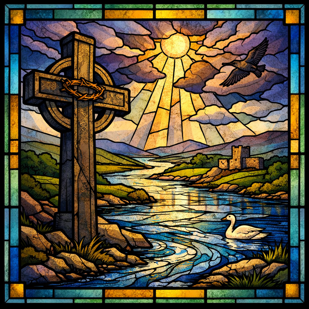 Stained glass Celtic cross with crown of thorns beside the River Shannon under radiant sky.