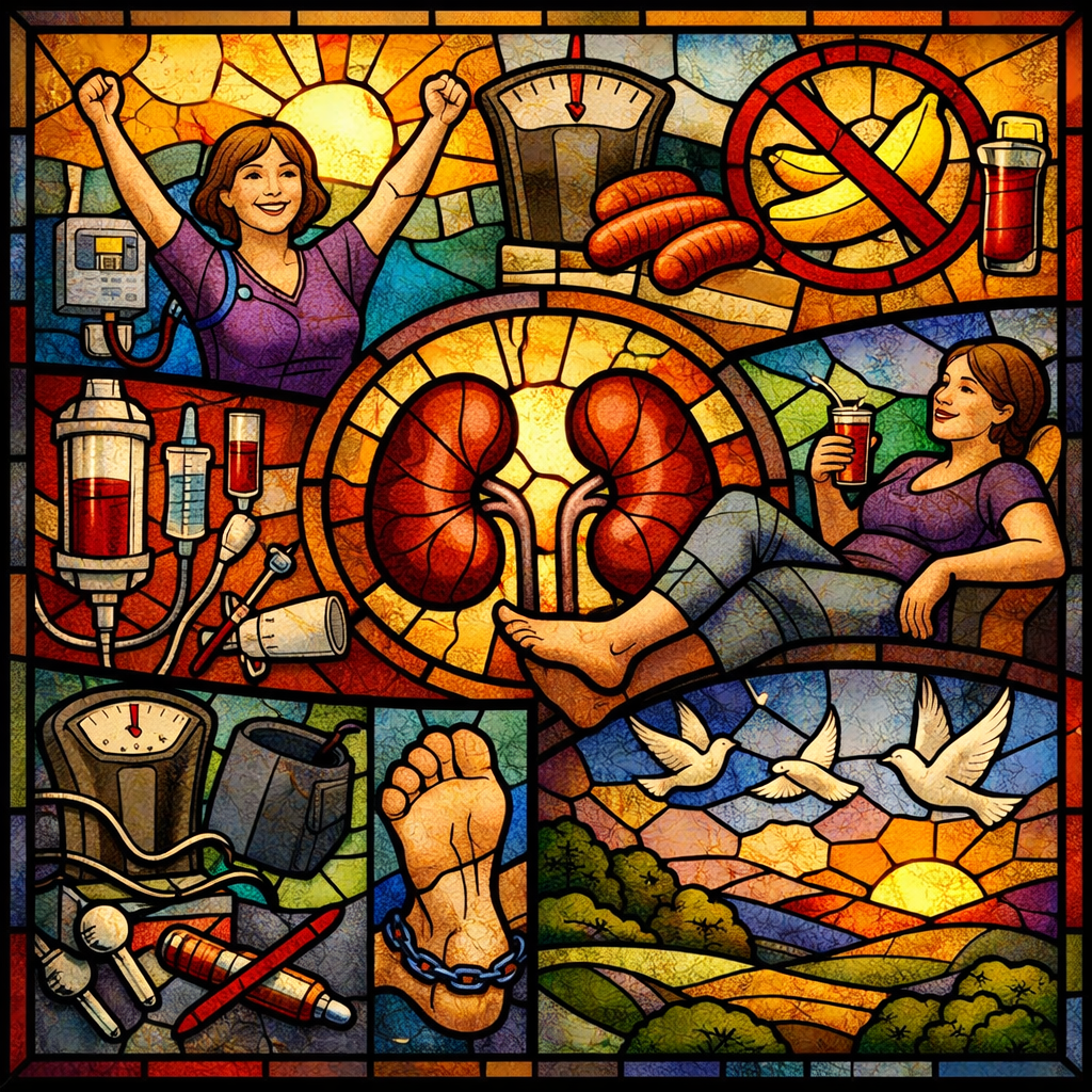 A colourful square stained-glass illustration symbolising life with kidney disease and dialysis. At the centre are two red kidneys glowing like a sunburst. Around them are panels showing dialysis tubing and medical equipment, a scale, a blood-pressure cuff, and dialysis lines. One panel shows a joyful figure raising their arms in freedom, another reclining peacefully with a drink. A sausage appears as a celebratory treat, while bananas are shown with a red prohibition sign. White doves fly over a warm landscape at sunset, suggesting rest, resilience, and a brief day of freedom from treatment.